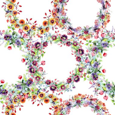 Buket çiçek ve meyveleri ile. Botanik çiçek. Vahşi bahar yaprak izole kır çiçeği. Suluboya arka plan illüstrasyon küme. Suluboya çizim moda aquarelle izole.