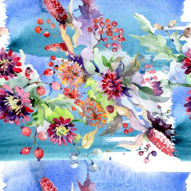 Buket çiçek ve meyveleri ile. Botanik çiçek. Vahşi bahar yaprak izole kır çiçeği. Suluboya arka plan illüstrasyon küme. Suluboya çizim moda aquarelle izole.