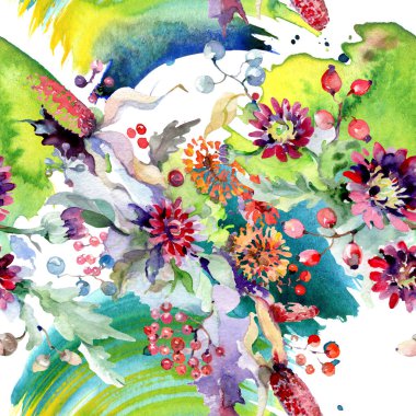 Buket çiçek ve meyveleri ile. Botanik çiçek. Vahşi bahar yaprak izole kır çiçeği. Suluboya arka plan illüstrasyon küme. Suluboya çizim moda aquarelle izole.
