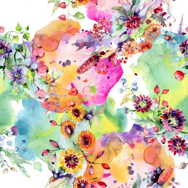 Buket çiçek ve meyveleri ile. Botanik çiçek. Vahşi bahar yaprak izole kır çiçeği. Suluboya arka plan illüstrasyon küme. Suluboya çizim moda aquarelle izole.
