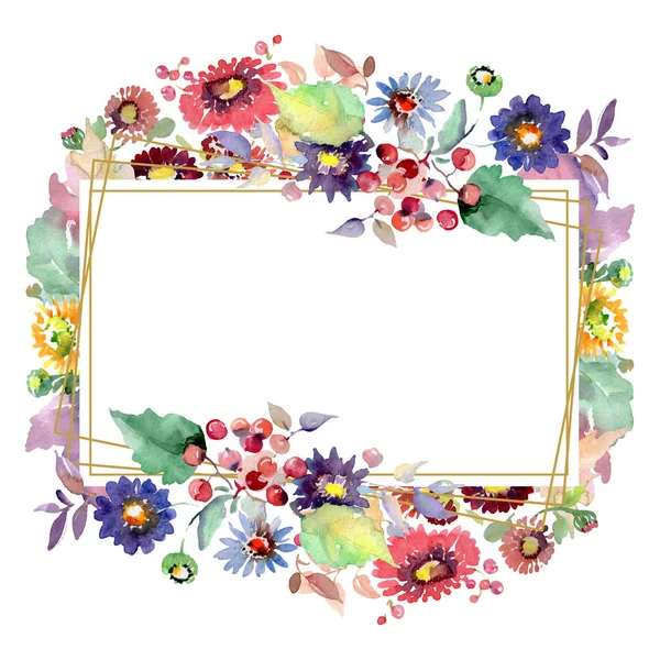 Sträuße mit Blumen und Früchten. Aquarell Hintergrundillustration Set. Rahmen Rand Ornament Quadrat. — Stockfoto