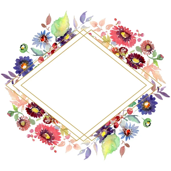 Sträuße mit Blumen und Früchten. Aquarell Hintergrundillustration Set. Rahmen Rand Ornament Quadrat. — Stockfoto