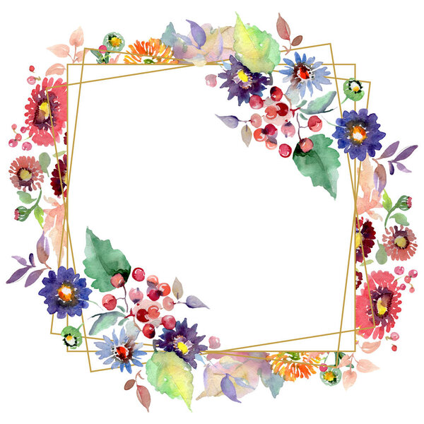 Bouquets with flowers and fruits. Watercolor background illustration set. Frame border ornament square.