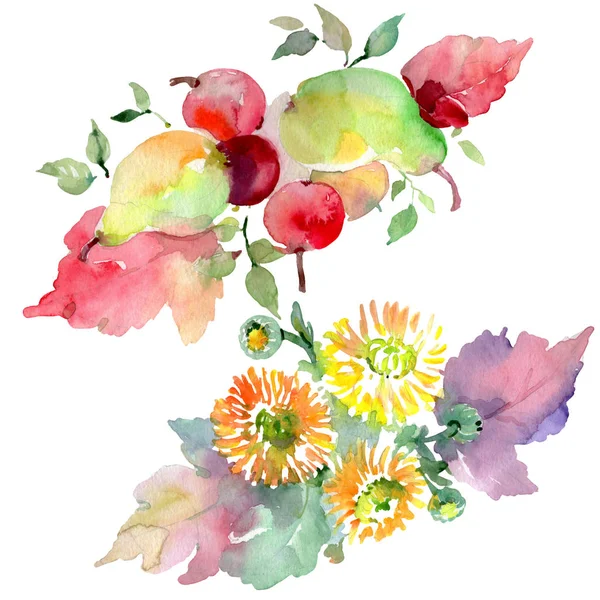 Bouquets with flowers and fruits. Watercolor background illustration set. Isolated bouquets illustration element. — Stock Photo, Image