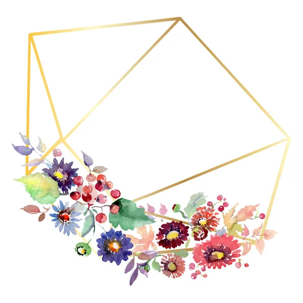 Μπουκέτα με λουλούδια και φρούτα. Ακουαρέλα φόντο εικόνα σύνολο. Πλαίσιο συνόρων στολίδι τετράγωνο. — Φωτογραφία Αρχείου