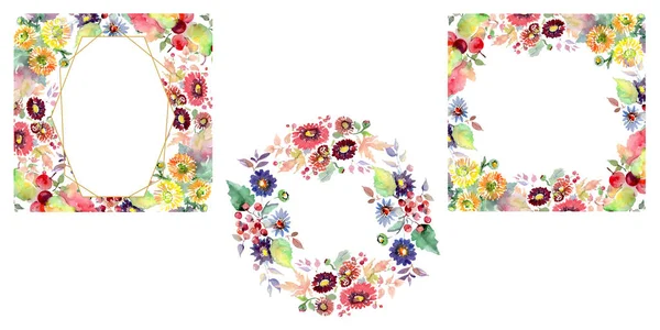带鲜花和水果的花束。水彩背景插图集。框架边框装饰正方形. — 图库照片