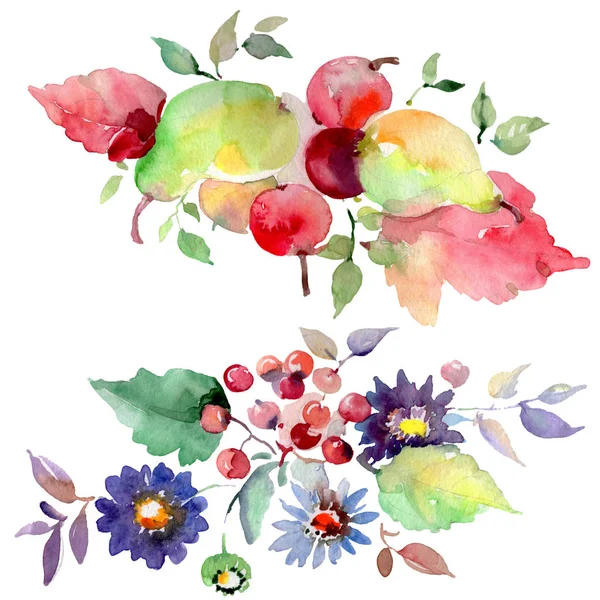 Μπουκέτα με λουλούδια και φρούτα. Ακουαρέλα φόντο εικόνα σύνολο. Απομονωμένη ανθοδέσμες εικονογράφηση στοιχείο. — Φωτογραφία Αρχείου