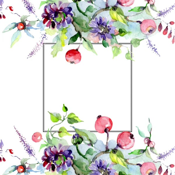 Bukett med blommor och bär. Blommig botaniska blomma. Vilda våren leaf wildflower isolerade. Akvarell bakgrund illustration set. Akvarell ritning mode aquarelle isolerade. — Stockfoto