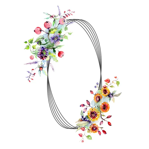Μπουκέτο με λουλούδια και μούρα. Floral βοτανικό λουλούδι. Άγρια άνοιξη φύλλων wildflower απομονωμένη. Ακουαρέλα φόντο εικόνα σύνολο. Ακουαρέλα σχεδίασης μόδας aquarelle απομονωμένες. — Φωτογραφία Αρχείου