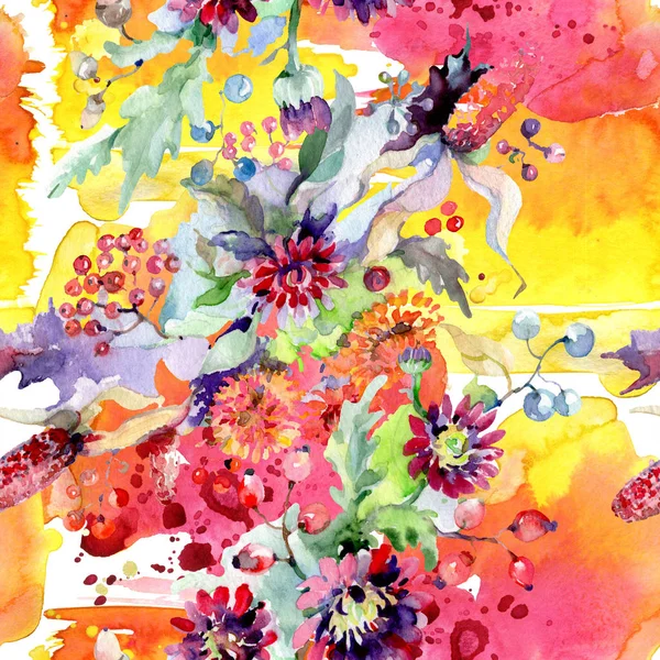 Μπουκέτο με λουλούδια και μούρα. Floral βοτανικό λουλούδι. Άγρια άνοιξη φύλλων wildflower απομονωμένη. Ακουαρέλα φόντο εικόνα σύνολο. Ακουαρέλα σχεδίασης μόδας aquarelle απομονωμένες. — Φωτογραφία Αρχείου