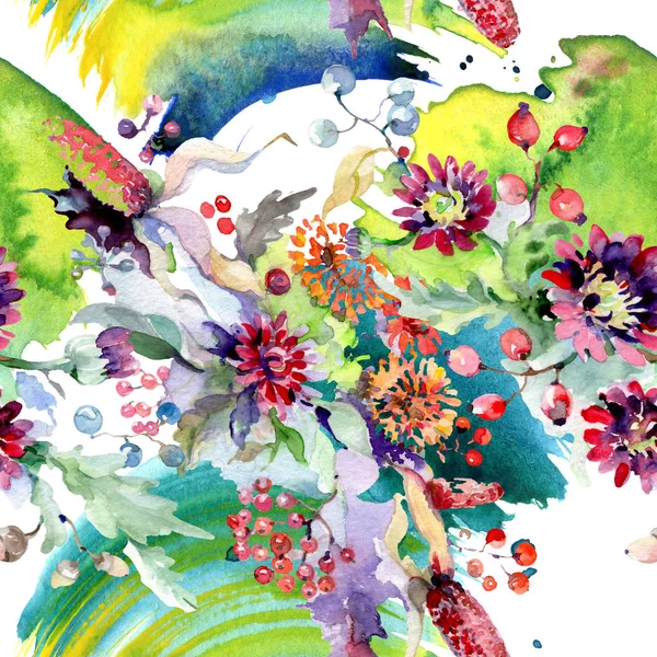 Buket çiçek ve meyveleri ile. Botanik çiçek. Vahşi bahar yaprak izole kır çiçeği. Suluboya arka plan illüstrasyon küme. Suluboya çizim moda aquarelle izole. — Stok fotoğraf