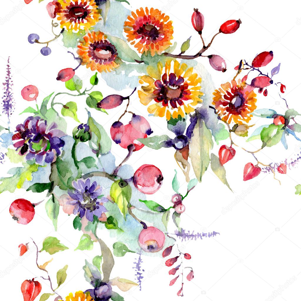 Bouquet with flowers and berries. Floral botanical flower. Wild spring leaf wildflower isolated. Watercolor background illustration set. Watercolour drawing fashion aquarelle isolated.