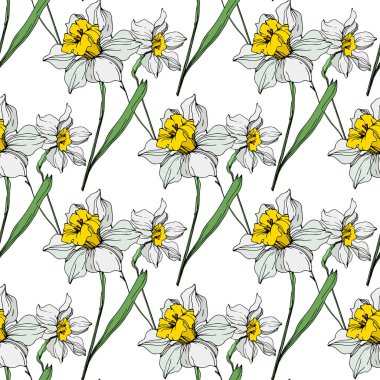 Beyaz ve sarı nergis çiçekleri yeşil yaprakları ile vektör. Beyaz arka plan üzerinde oyulmuş mürekkep sanat. Sorunsuz arka plan deseni. 