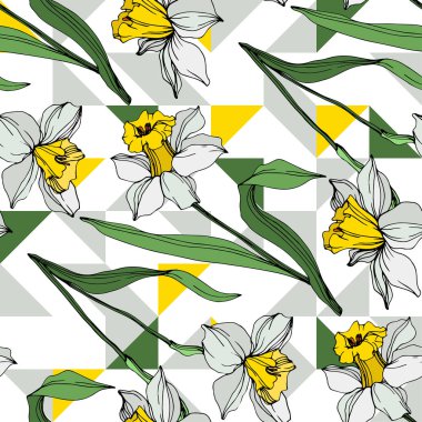 Beyaz ve sarı nergis çiçekleri yeşil yaprakları ile vektör. Beyaz arka plan üzerinde oyulmuş mürekkep sanat. Sorunsuz arka plan deseni. 