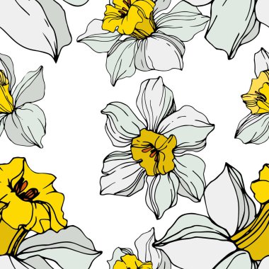 Beyaz ve sarı nergis çiçekleri yeşil yaprakları ile vektör. Beyaz arka plan üzerinde oyulmuş mürekkep sanat. Sorunsuz arka plan deseni. 