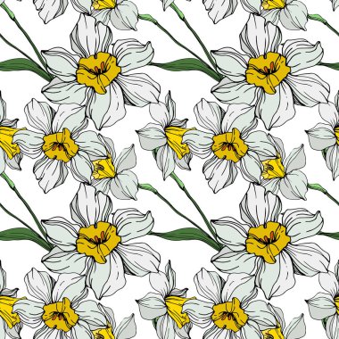Beyaz ve sarı nergis çiçekleri yeşil yaprakları ile vektör. Beyaz arka plan üzerinde oyulmuş mürekkep sanat. Sorunsuz arka plan deseni. 