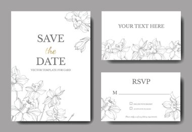 Vector elegant wedding invitation cards with white narcissus flowers illustration. Engraved ink art.  clipart