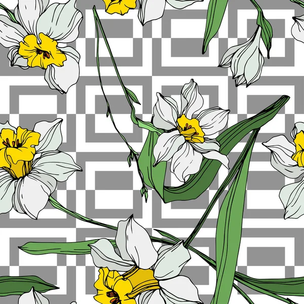緑の葉に白と黄色の水仙の花をベクトルします 白い背景に刻まれたインク アート シームレスな背景パターン — ストックベクタ