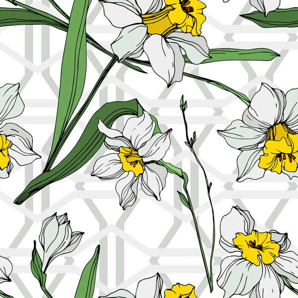 Vector white and yellow narcissus flowers with green leaves. Engraved ink art on white background. Seamless background pattern. 