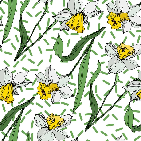 Vector white and yellow narcissus flowers with green leaves. Engraved ink art on white background. Seamless background pattern.