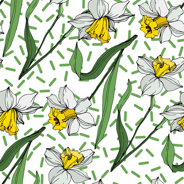 Vector white and yellow narcissus flowers with green leaves. Engraved ink art on white background. Seamless background pattern. 