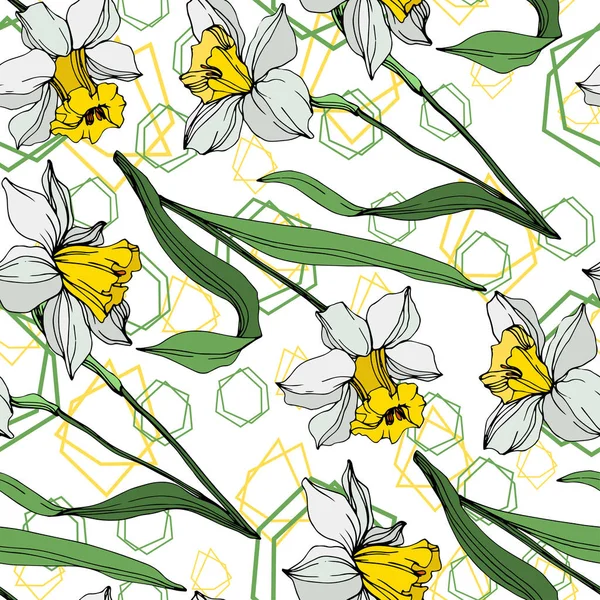 Vector White Yellow Narcissus Flowers Green Leaves Engraved Ink Art — Stock Vector