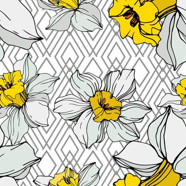 Vector white and yellow narcissus flowers with green leaves. Engraved ink art on white background. Seamless background pattern. 