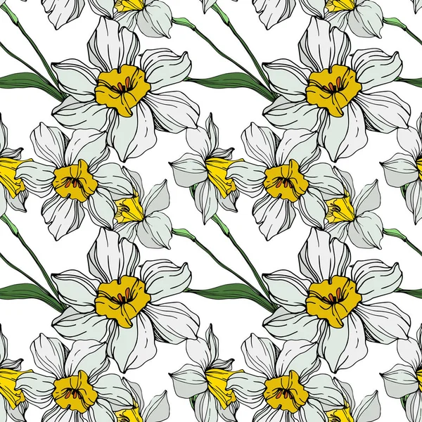 Vector white and yellow narcissus flowers with green leaves. Engraved ink art on white background. Seamless background pattern. — Stock Vector