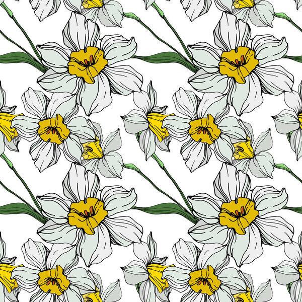 Vector white and yellow narcissus flowers with green leaves. Engraved ink art on white background. Seamless background pattern. 