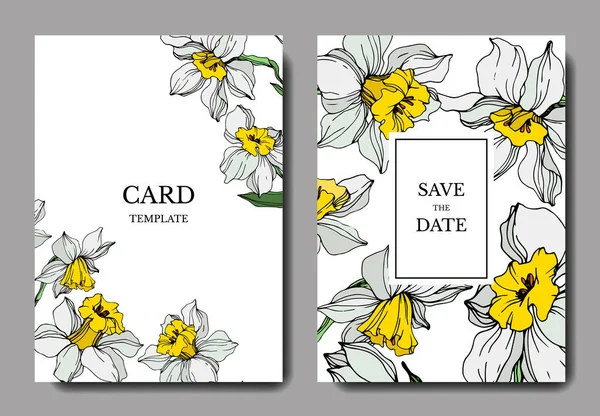 Διάνυσμα Κομψό Γάμου Πρόσκληση Κάρτες Λευκό Νάρκισσος Εικόνα Λουλούδια Χαραγμένο — Διανυσματικό Αρχείο