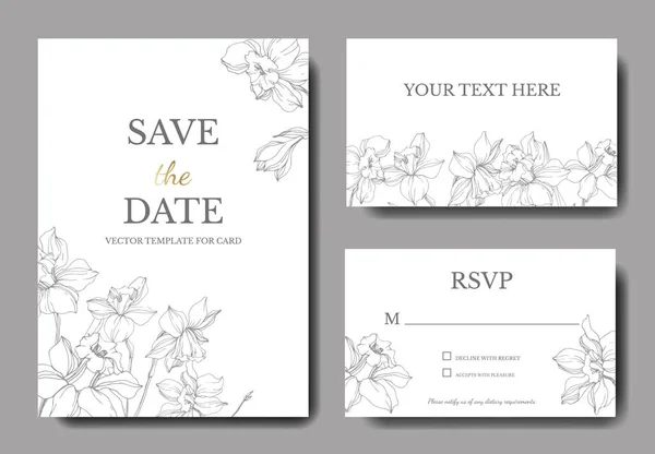 Vektor Elegáns Esküvői Meghívók Fehér Nárcisz Virág Illusztráció Vésett Tinta — Stock Vector