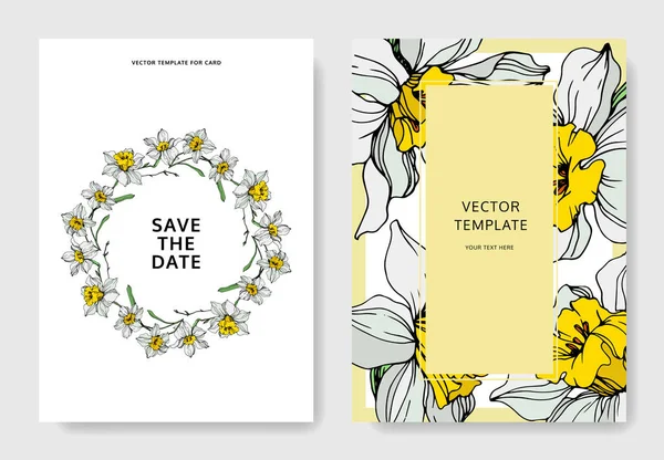 Vector Elegant Wedding Invitation Cards White Narcissus Flowers Illustration Engraved — Stock Vector