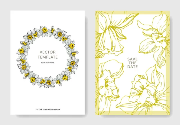Vector Elegant Wedding Invitation Cards White Narcissus Flowers Illustration Engraved — Stock Vector