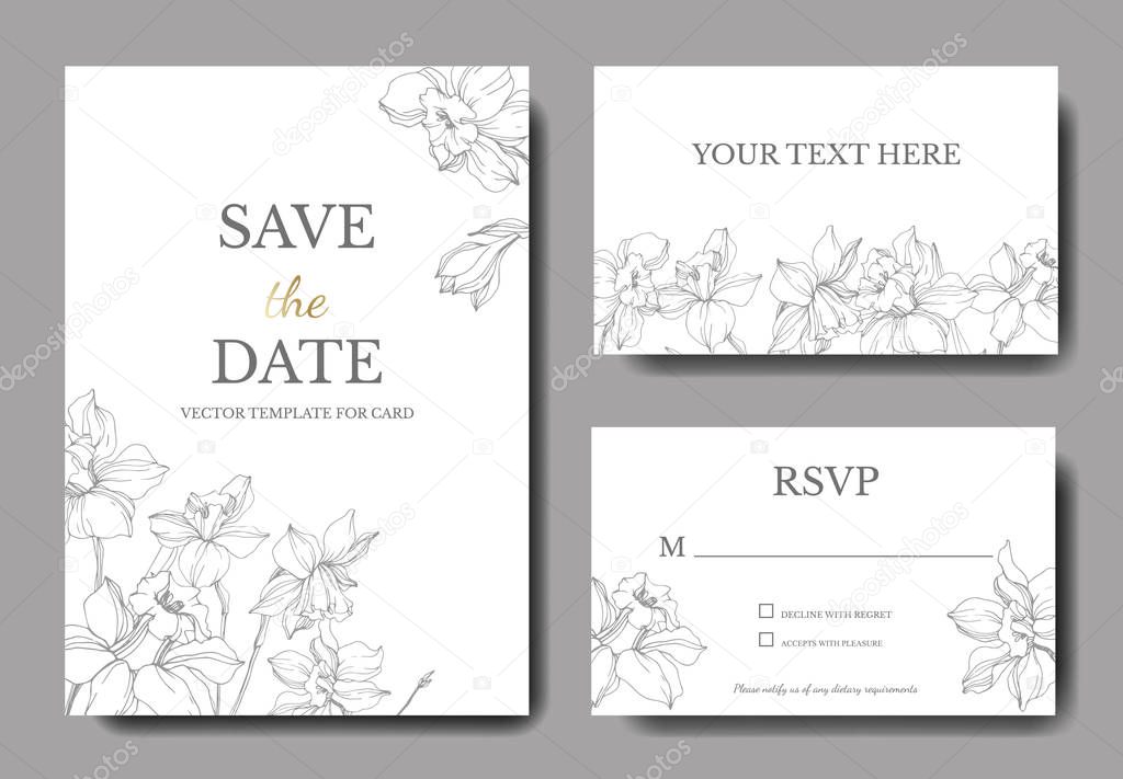 Vector elegant wedding invitation cards with white narcissus flowers illustration. Engraved ink art. 