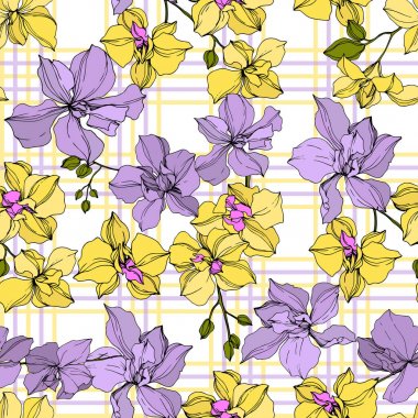 Vektör sarı ve mor orkide çiçekleri. Oyulmuş mürekkep sanatı. Kesintisiz arka plan deseni. 