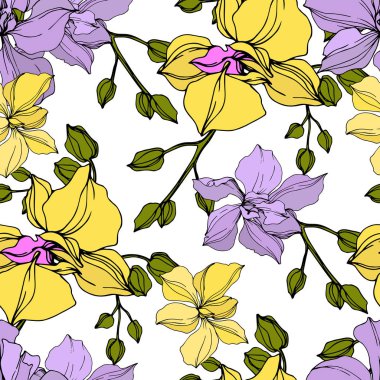 Vektör sarı ve mor orkide çiçekleri. Oyulmuş mürekkep sanatı. Kesintisiz arka plan deseni. 