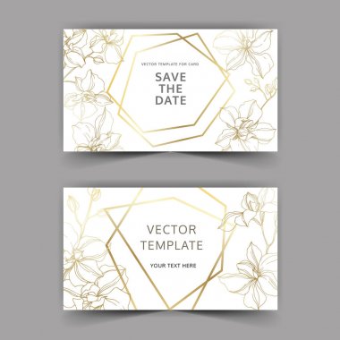 Vector Orchid flowers. Yellow and violet engraved ink art. Wedding background cards. Invitation elegant cards graphic set. clipart