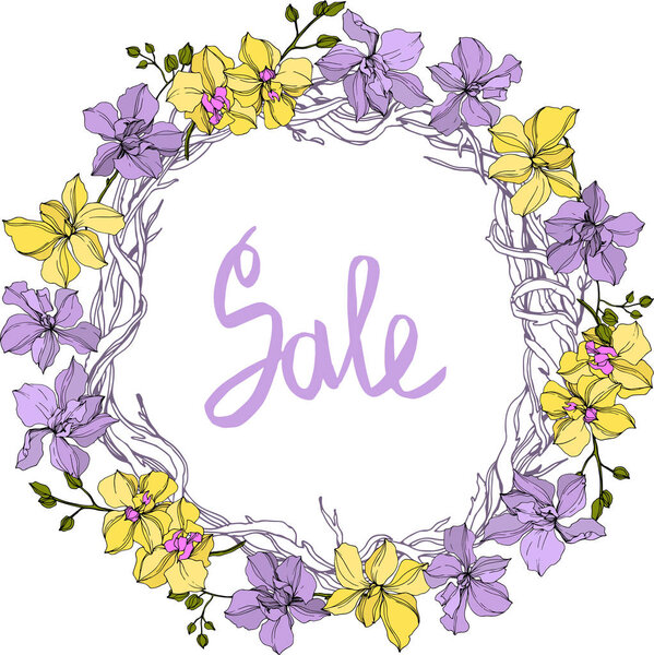 Векторный венок из орхидеи цветы изолированы на белом с надписью продажи
