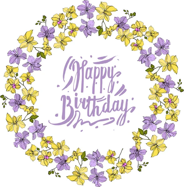 Stock vector Vector wreath of orchid flowers isolated on white with happy birthday lettering