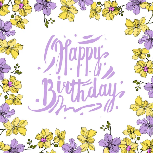 Vector Krans Van Orchidee Bloemen Geïsoleerd Wit Met Gelukkige Verjaardag — Stockvector