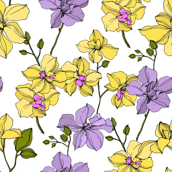 Vetor Flores Amarelas Violetas Orquídea Arte Tinta Gravada Padrão Fundo —  Vetores de Stock