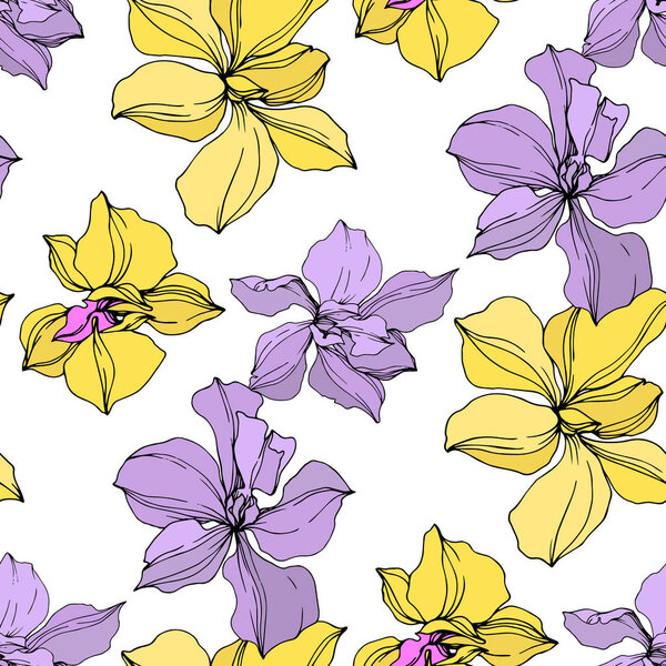 Vector yellow and violet orchid flowers. Engraved ink art. Seamless background pattern. 