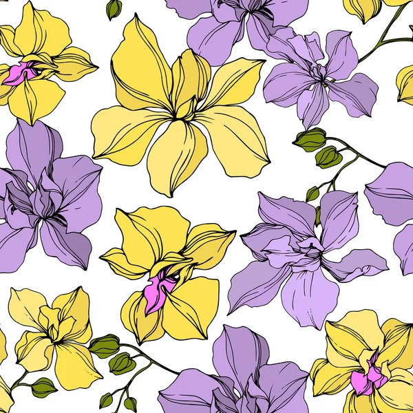 Vektor Gul Och Violett Orkidé Blommor Graverad Bläck Konst Sömlöst — Stock vektor