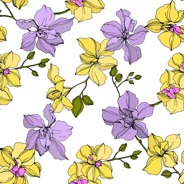 Vector Amarillo Violeta Flores Orquídea Arte Tinta Grabada Patrón Fondo — Archivo Imágenes Vectoriales