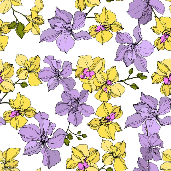 Vector Amarillo Violeta Flores Orquídea Arte Tinta Grabada Patrón Fondo — Vector de stock