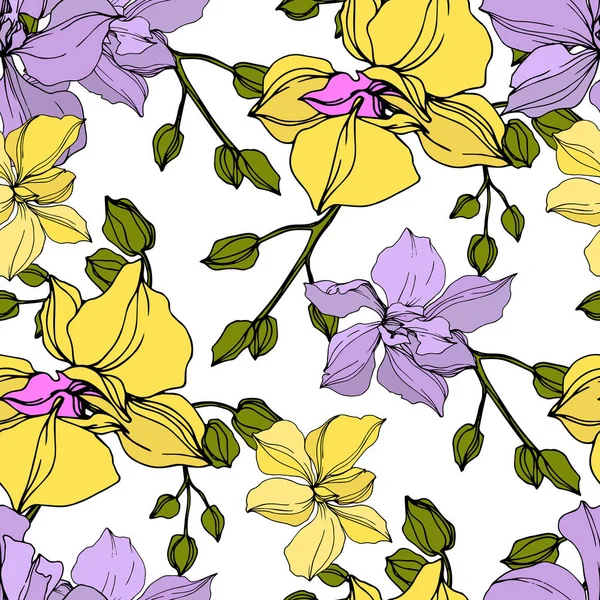 Vektor Sárga Lila Orchidea Virágok Gravírozott Tinta Művészet Folytonos Háttérmintázat — Stock Vector