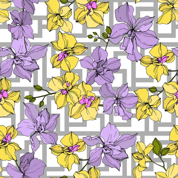 Vector Amarillo Violeta Flores Orquídea Arte Tinta Grabada Patrón Fondo — Vector de stock