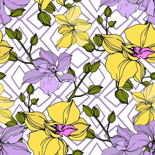 Vector Amarillo Violeta Flores Orquídea Arte Tinta Grabada Patrón Fondo — Archivo Imágenes Vectoriales