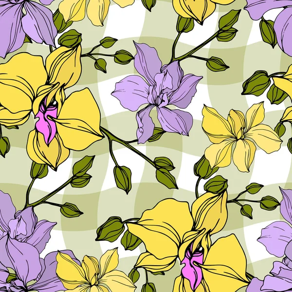 Vector Amarillo Violeta Flores Orquídea Arte Tinta Grabada Patrón Fondo — Archivo Imágenes Vectoriales