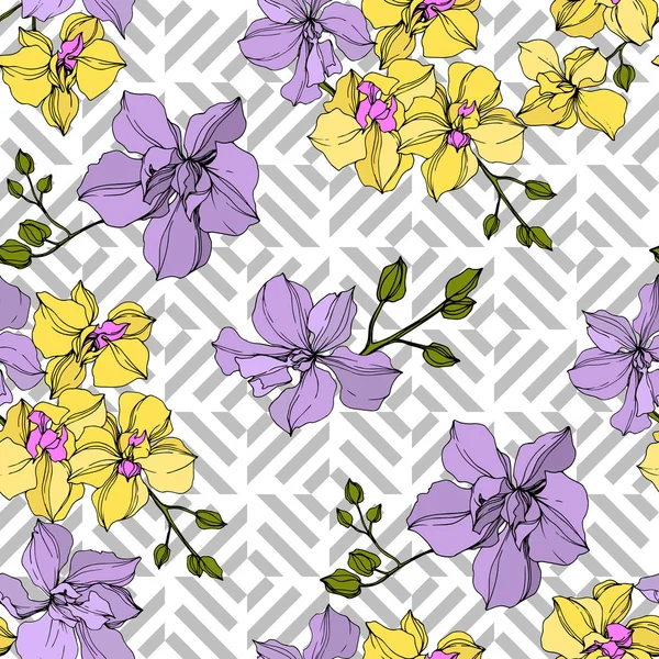 Vector Geel Violet Orchidee Bloemen Gegraveerde Inkt Kunst Naadloos Achtergrond — Stockvector